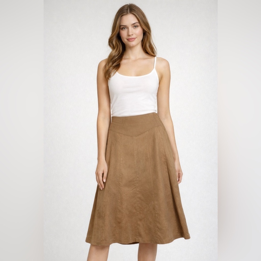 Camel Faux Suede A-Line Skirt High Waist Boho Chic Flowy Midi Western Size Med